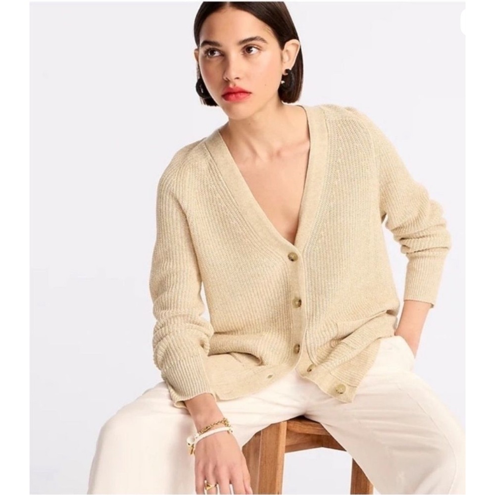 J. Crew Women's Relaxed Linen Blend Knit V-Neck Cardigan Marled Gray Sz M